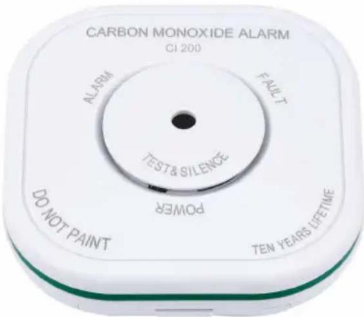 CARBON MONOXIDE ALARM CI 200 ALARM FAULT TEST & STENCE POWER DO NOT PAINT TEN YEARS LIFETIME