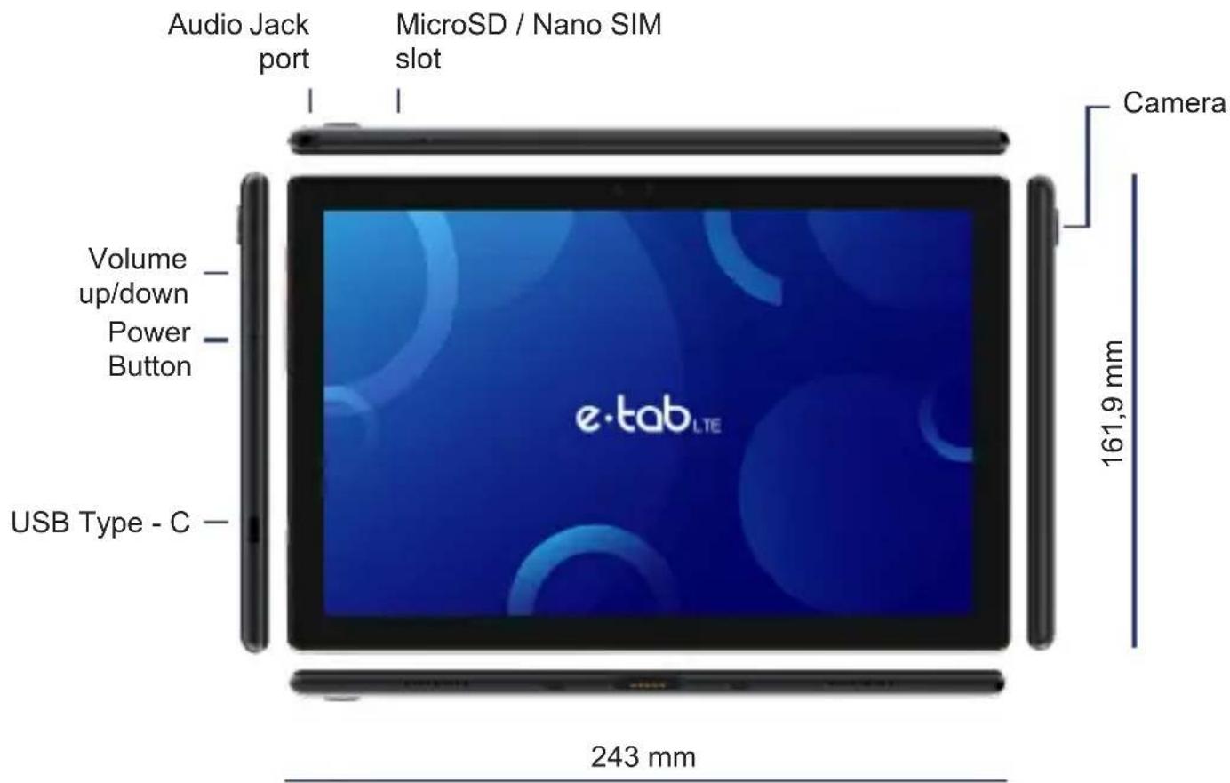 Audio Jack port MicroSD / Nano SIM slot Volume up/down Power Button USB Type - C 243 mm 161,9 mm e·tab_LTE Camera