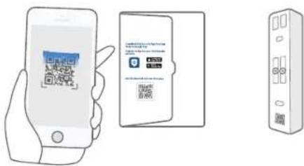 Illustration showing a hand holding a smartphone displaying a QR code, alongside two devices with visible app interface elements.