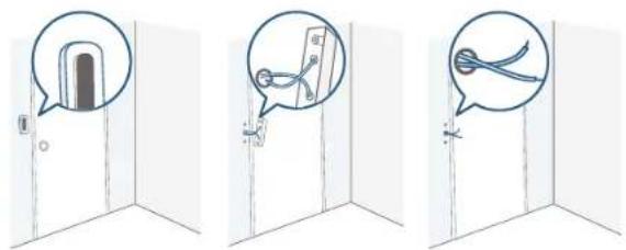 Illustration showing three steps of door opening: using a door to cut the door, cutting a piece into a door, and using scissors to cut the door.