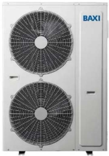 Exterior view of a BAXI air conditioning unit with two circular fan blades (no text or symbols on the fan bodies)
