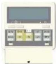 Front panel of a digital device with control buttons and display screen showing text and symbols