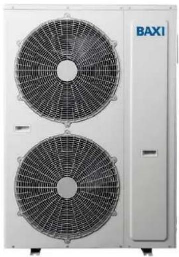 Exterior view of a BAXI air conditioning unit with two circular fan blades (no text or symbols visible)