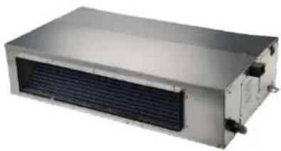 Exterior view of a metallic industrial air conditioning unit with heat exchanger and cooling fins (no text or symbols visible)