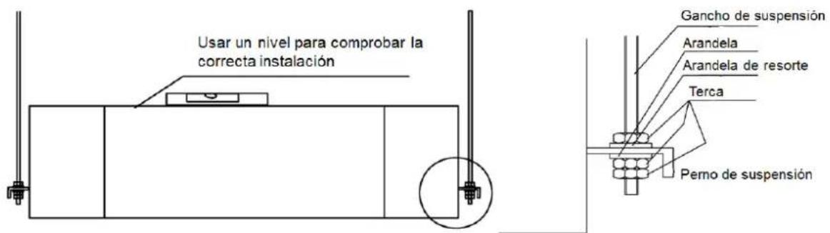 Usar un nivel para comprobar la correcta instalación Gancho de suspensión Arandela Arandela de resorte Terca Perno de suspensión