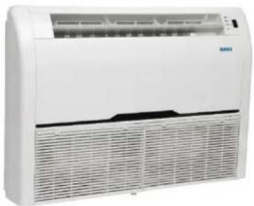 Front view of a white industrial air conditioner unit with ventilation grilles and ventilation ducts (no visible text or symbols)