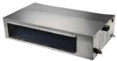 Exterior view of a metallic industrial air conditioning unit with heat exchanger and cooling fins (no text or symbols visible)