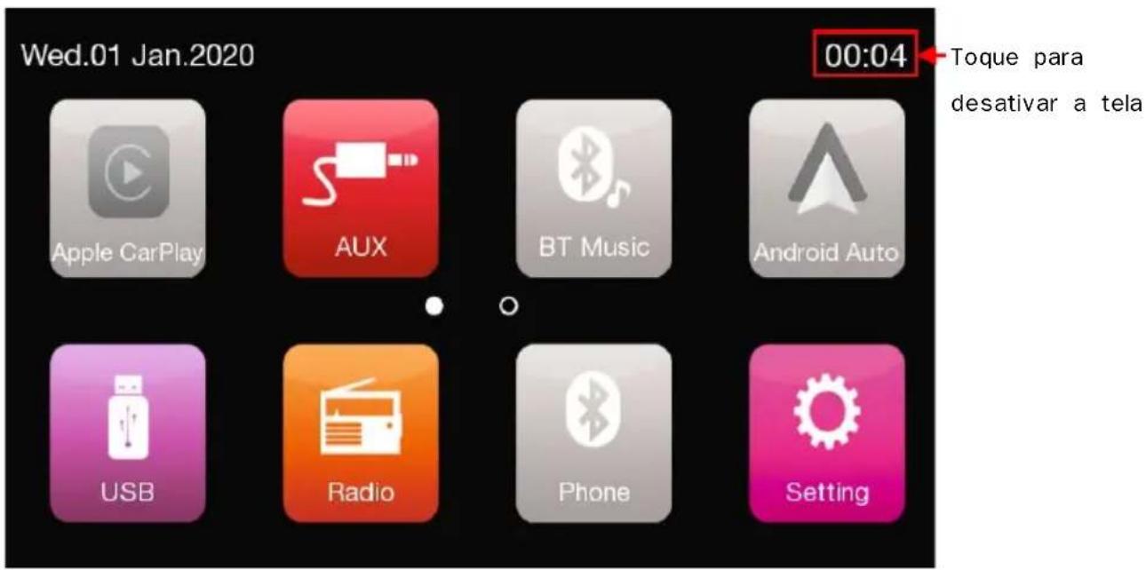 Wed.01 Jan.2020 00:04 Toque para desativar a tela Apple CarPlay AUX BT Music Android Auto USB Radio Phone Setting