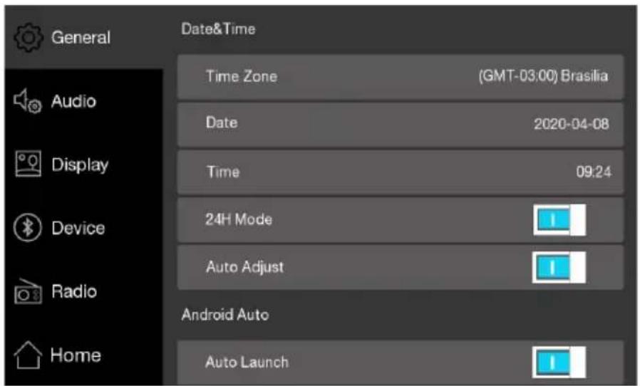 General Audio Display Device Radio Home Date&Time Time Zone (GMT-03:00) Brasilia Date 2020-04-08 Time 09:24 24H Mode Auto Adjust Android Auto Auto Launch