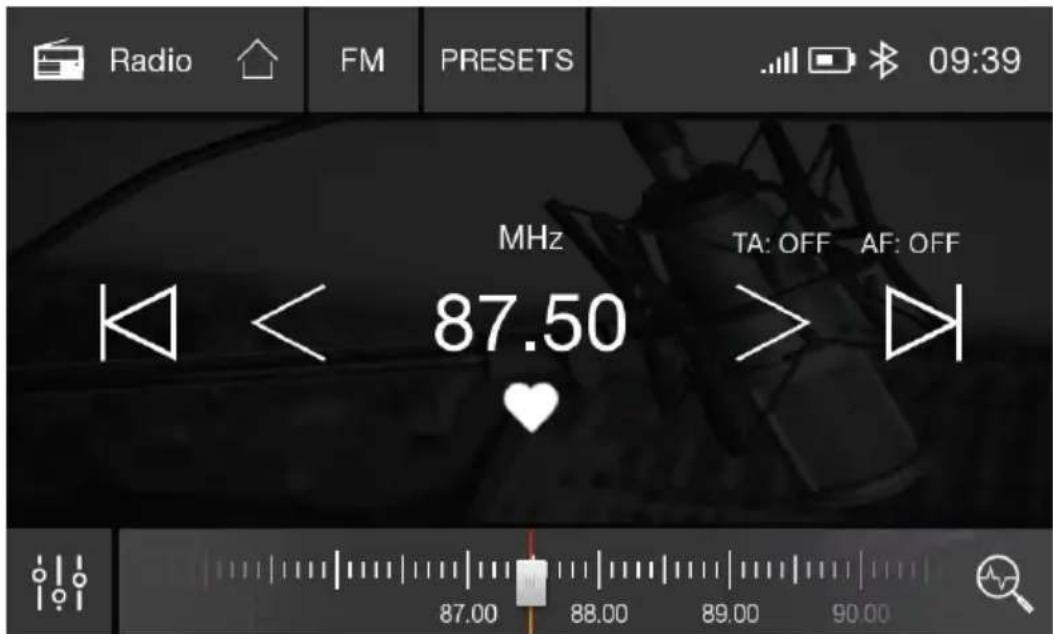 Radio FM PRESETS 09:39 MHz TA: OFF AF: OFF 87.50 ♥