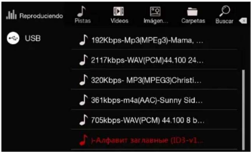 Reproduciendo USB Pistas Videos Imágen... Carpetas Buscar 192Kbps-Mp3(MPEG3)-Mama, ... 2117kbps-WAV(PCM)44.100 24... 320Kbps- MP3(MPEG3)Christi... 361kbps-m4a(AAC)-Sunny Sid... 705kbps-WAV(PCM) 44.100 8 b... )-Алфавит заглавные (ID3-v1...