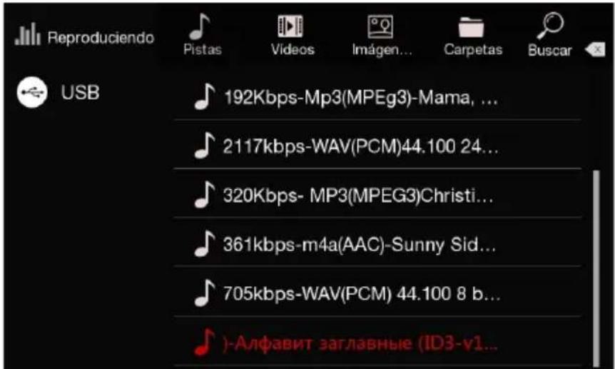 Reproduciendo USB Pistas Videos Imágen... Carpetas Buscar 192Kbps-Mp3(MPEg3)-Mama, ... 2117kbps-WAV(PCM)44.100 24... 320Kbps- MP3(MPEG3)Christi... 361kbps-m4a(AAC)-Sunny Sid... 705kbps-WAV(PCM) 44.100 8 b... )-Алфавит заглавные (ID3-v1...