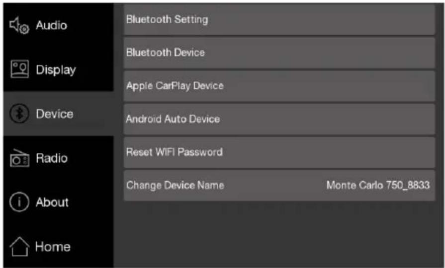Audio Display Device Radio About Home Bluetooth Setting Bluetooth Device Apple CarPlay Device Android Auto Device Reset WIFI Password Change Device Name Monte Carlo 750_8833