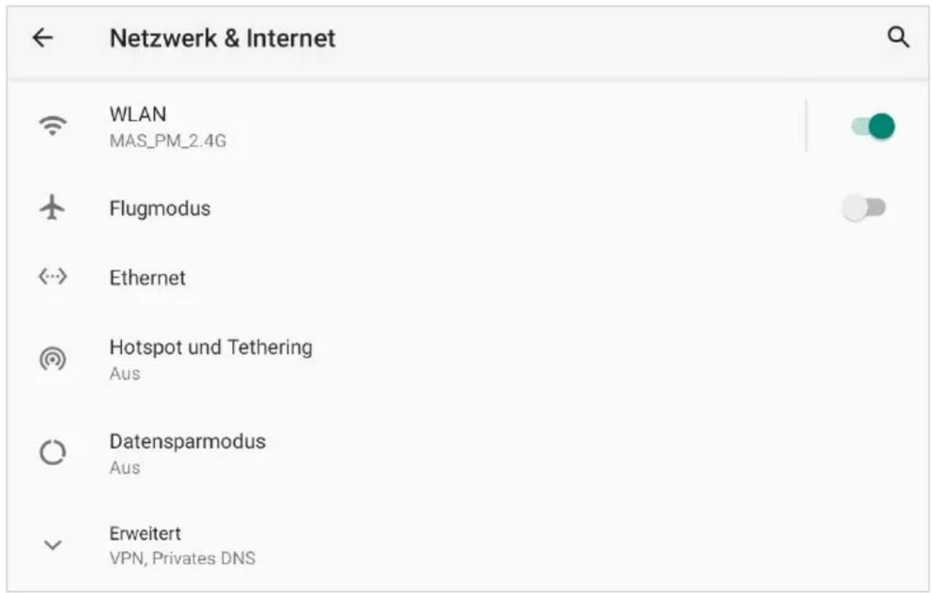 Netzwerk & Internet WLAN MAS_PM_2.4G Flugmodus Ethernet Hotspot und Tethering Aus Datensparmodus Aus Erweitert VPN, Privates DNS