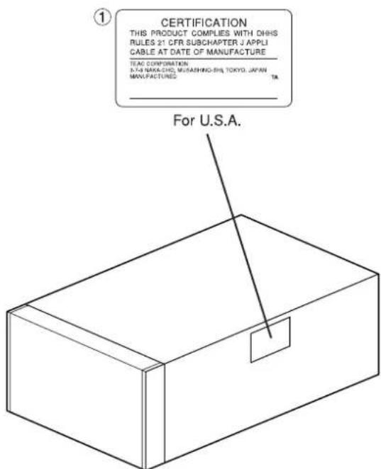 ① CERTIFICATION THIS PRODUCT COMPLIES WITH DHHS RULES 21 CFR SUBCHAPTER J APPLIC CABLE AT DATE OF MANUFACTURE TEAC CORPORATION 3.5-9 NAKACHO, MUSHINO-BHI, TOKYO, JAPAN MANUFACTURES For U.S.A.