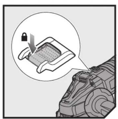 Diagram showing a mechanical component with a lock icon and a magnified inset highlighting a specific part (no text or symbols present)