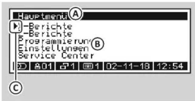 Hauptmenü A -Berichte -Berichte Programmierun B Einstellungen Service Center D 801 1 1 1 02-11-18 12:54 C