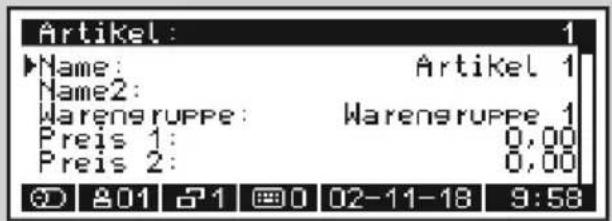 Artikel: Name: Artikel 1 Name2: Warengruppe: Warengruppe 1 Preis 1: 0,00 Preis 2: 0,00