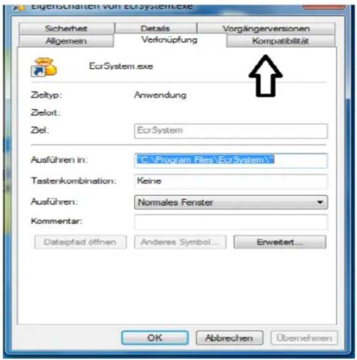 Eigenschaften von Ecrsystem.exe Sicherheit Details Vorgängerversionen Allgemein Verknüpfung Kompatibilität EcrSystem.exe Zieltyp: Anwendung Zielort: Ziel: EcrSystem Ausführen in: C:\Program Files\EcrSystem\ Testenkombination: Keine Ausführen: Normales Fenster Kommentar: Dateipfad öffnen Anderes Symbol... Erweiter... OK Abbrechen Übernehmen