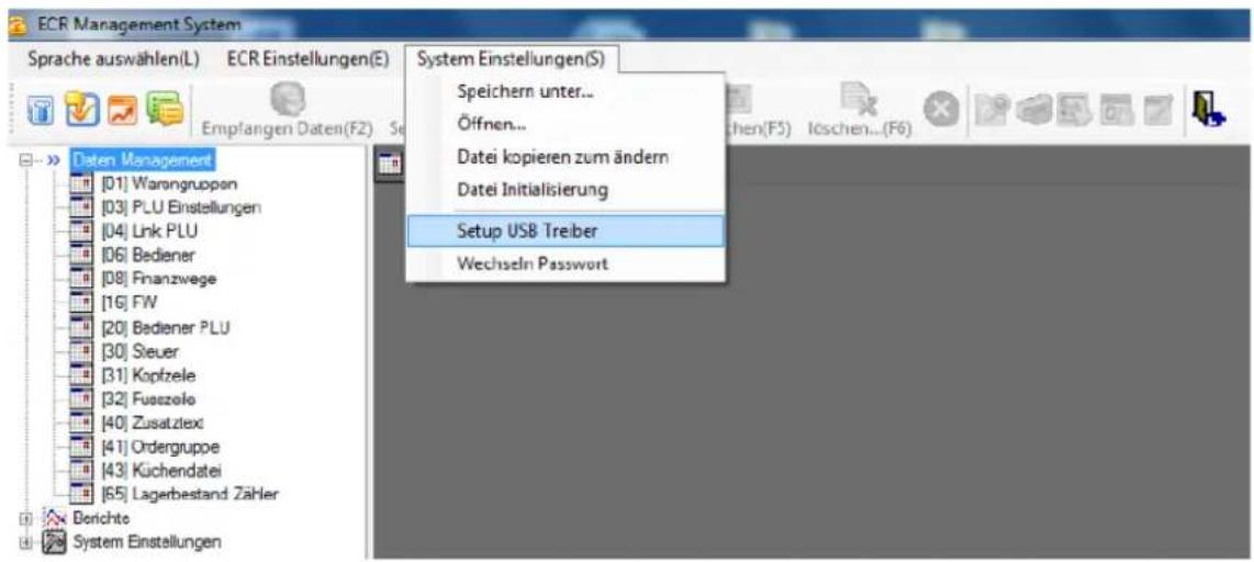 ECR Management System Sprache auswählen(L) ECR Einstellungen(E) Empfangen Daten(F2) Se System Einstellungen(S) Speichern unter... Öffnen... Datei kopieren zum ändern Datei Initialisierung Setup USB Treiber Wechseln Passwort Daten Management [01] Warongruppon [03] PLU Einstellungen [04] Link PLU [06] Bediener [08] Finanzwege [1G] FW [20] Bediener PLU [30] Steuer [31] Kopfzele [32] Fusszele [40] Zusatzlex [41] Ordergruppe [43] Küchendatei [65] Lagerbestand Zähler Berichte System Einstellungen