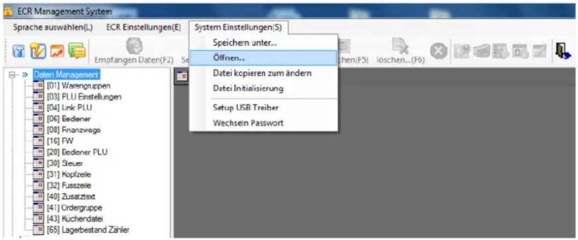 ECR Management System Sprache auswahlen(L) ECR Einstellungen(E) Empfangen Daten(F2) Se System Einstellungen(S) Speichern unter... Öffnen... Datei kopieren zum ändern Datei Initialisierung Setup USB Treiber Wechsel Passwort Daten Managemen [01] Warengruppen [03] PLU Einstellungen [04] Link PLU [06] Bediener [08] Finanzwega [16] FW [20] Bediener PLU [30] Steuer [31] Kopfzeile [32] Fusszeile [40] Zusatztext [41] Ordergruppe [43] Kuchendalei [65] Lagerbestand Zänler