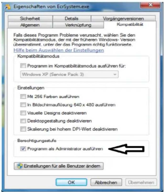 Eigenschaften von EcrSystem.exe Sicherheit Details Vorgängerversionen Allgemein Verknüpfung Kompatibilität Falls dieses Programm Probleme verursacht, wählen Sie den Kompatibilitätsmodus, der mit der früheren Windows- Version übereinstimmt. unter der das Programm richtig funktionierte. Hilfe beim Auswählen der Einstellungen Kompatibilitätsmodus Programm im Kompatibilitätsmodus ausführen für: Windows XP (Service Pack 3) Einstellungen Mit 256 Farben ausführen In Bildschirmauflösung 640 x 480 ausführen Visuelle Designs deaktivieren Desktopgestaltung deaktivieren Skalierung bei hohem DPI-Wert deaktivieren Berechtigungstufe Programm als Administrator ausführen Einstellungen für alle Benutzer ändem OK Abbrechen Übernehmen