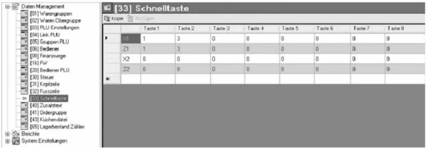 [33] Schnelltaste Kopie Einfügen Taste 1 Taste 2 Taste 3 Taste 4 Taste 5 Taste 6 Taste 7 Taste 8 X1 1 3 0 0 0 0 0 0 Z1 1 3 0 0 0 0 0 0 X2 0 0 0 0 0 0 0 0 Z2 0 0 0 0 0 0 0 0 * Benchte System Einstellungen