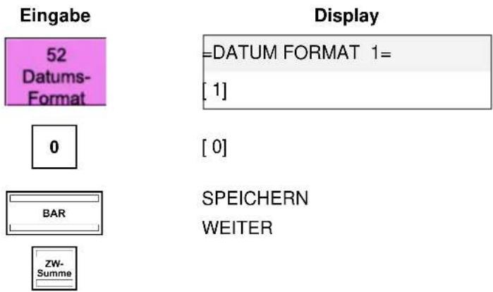 Eingabe 52 Datums- Format 0 BAR ZW- Summe Display =DATUM FORMAT 1= [1] [0] SPEICHERN WEITER