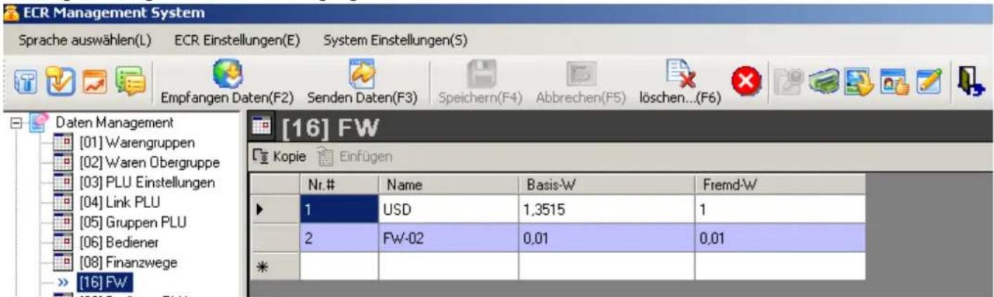 ECR Management System Sprache auswählen(L) ECR Einstellungen(E) System Einstellungen(S) Empfangen Daten(F2) Senden Daten(F3) Speichern(F4) Abbrechen(F5) löschen...(F6) [16] FW Kopie Einfügen Nr.# Name Basis-W Fremd-W 1 USD 1,3515 1 2 FW-02 0,01 0,01 *
