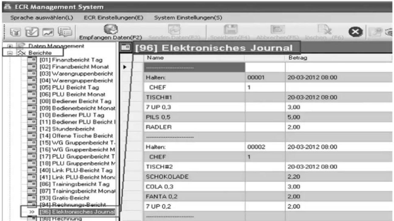 ECR Management System Sprache auswählen(L) ECR Einstellungen(E) System Einstellungen(S) Empfangen Daten(F2) Senden Daten(F3) Speichern(F4) Abbrevchen(F5) löschen (F6) [96] Elektronisches Journal Datem Management Berichte [01] Finanzbericht Tag [02] Finanzbericht Monat [03] Warengruppenbericht [04] Warengruppenbericht [05] PLU Bericht Tag [06] PLU Bericht Monat [08] Bediener Bericht Tag [09] Bedienerbericht Monat [10] Bediener PLU Tag [11] Bediener PLU Bericht I [12] Stundenbericht [14] Offene Tische Bericht [15] WG Gruppenbericht T. [16] WG Gruppenbericht M [17] PLU Gruppenbericht T [18] PLU Gruppenbericht M [40] Link PLU-Bericht Tag [41] Link PLU-Bericht Monat [86] Trainingsbericht Tag [87] Trainingsbericht Monat [93] Gratis-Bericht [94] Rechnungs-Bericht >> [96] Elektronisches Journal [98] Rechnung