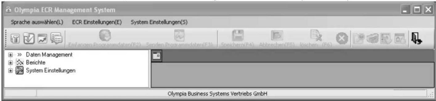 Olympia ECR Management System Sprache auswählen(L) ECR Einstellungen(E) System Einstellungen(S) Erfangen Programmdaten(F2) Senden Programmdaten(F3) Speichern(F4) Abbrevchen(F5) kischen (F6) + >> Daten Management + Berichte + System Einstellungen Olympia Business Systems Vertriebs GmbH