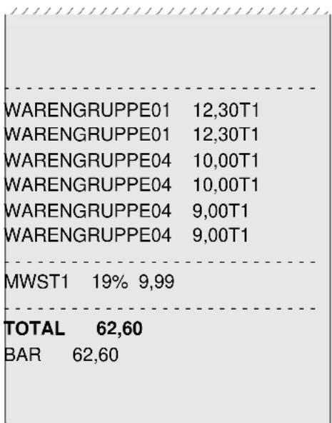 WARENGRUPPE01 12,30T1 WARENGRUPPE01 12,30T1 WARENGRUPPE04 10,00T1 WARENGRUPPE04 10,00T1 WARENGRUPPE04 9,00T1 WARENGRUPPE04 9,00T1 MWST1 19% 9,99 TOTAL 62,60 BAR 62,60