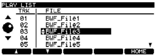 PLAY LIST TRK FILE ▲ 01 BWF_File1 02 BWF_File2 ● 03 BWF_File3 ▼ 04 BWF_File4 05 BWF_File5 ▲ ↓ HOME