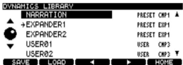 DYNAMICS LIBRARY NARRATION →EXPANDER1 EXPANDER2 USER01 USER02 PRESET CMP1 PRESET EXP1 PRESET EXP1 USER CMP3 USER CMP3 SAVE LOAD HOME