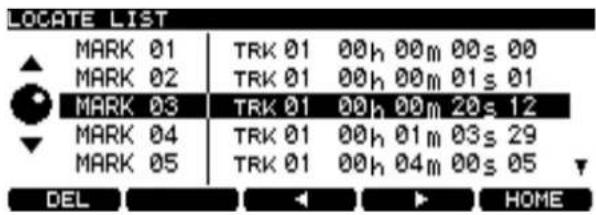 LOCATE LIST MARK 01 TRK 01 00h 00m 00s 00 MARK 02 TRK 01 00h 00m 01s 01 MARK 03 TRK 01 00h 00m 20s 12 MARK 04 TRK 01 00h 01m 03s 29 MARK 05 TRK 01 00h 04m 00s 05 DEL HOME