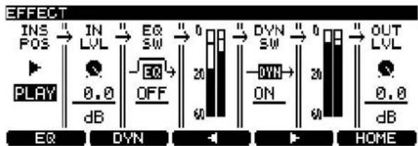 EFFECT INS POS → IN → EQ → 0 LVL SW → 20 EQ → 30 SW → DVN → 0 OFF → ON → OUT LVL PLAY 0.0 dB 60 30 60 0.0 dB EQ DVN HOME