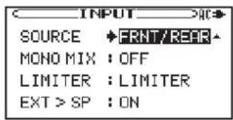 INPUT SOURCE •FRNT/REFR MONO MIX : OFF LIMITER : LIMITER EXT > SP : ON