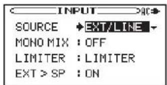 INPUT SOURCE ←EXT/LINE MONO MIX : OFF LIMITER : LIMITER EXT > SP : ON