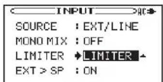 INPUT >AC SOURCE : EXT/LINE MONO MIX : OFF LIMITER ◆LIMITER EXT > SP : ON
