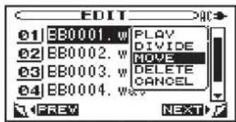 EDIT 01 EB0001. w PLAY 02 EB0002. w Divide 03 EB0003. w MOVE 04 EB0004. w DELETE PREV NEXT