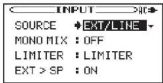INPUT >AC> SOURCE +EXT/LINE MONO MIX : OFF LIMITER : LIMITER EXT > SP : ON