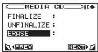 MEDIA CD FINALIZE : UNFINALIZE : ERASE : PREY NEXT