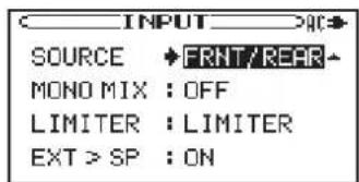 INPUT >AC> SOURCE •FRNT/REFR MONO MIX : OFF LIMITER : LIMITER EXT > SP : ON