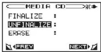 MEDIA CD→AC→ FINALIZE : UNFINALIZE : ERASE : PREV NEXT