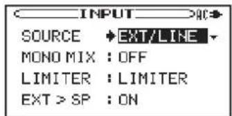 INPUT SOURCE ←EXT/LINE MONO MIX : OFF LIMITER : LIMITER EXT > SP : ON