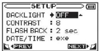 SETUP BACKLIGHT OFF CONTRAST : 8 FLASH BACK : 2 sec DATE/TIME : exe PREV NEXT