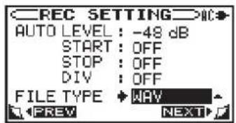 REC SETTING→HC AUTO LEVEL : -48 dB START : OFF STOP : OFF DIV : OFF FILE TYPE → WAY PREV NEXT