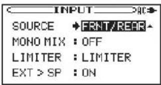 INPUT >AC> SOURCE +FRNT/REFR MONO MIX : OFF LIMITER : LIMITER EXT > SP : ON