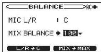 BALANCE → AC MIC L/R : C MIX BALANCE → 100 L/R → G MIX → MAX