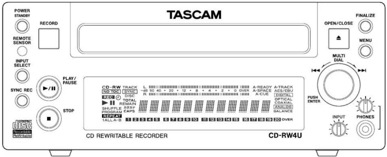TASCAM POWER STANDBY RECORD REMOTE SENSOR INPUT SELECT SYNC REC PLAY/ PAUSE STOP COMPACT DISC Re recordable ReWhritable CD-RW4U OPEN/CLOSE FINALIZE MENU MULTI DIAL PUSH ENTER INPUT PHONES CD-REWritable RECORDER CD-RW4U